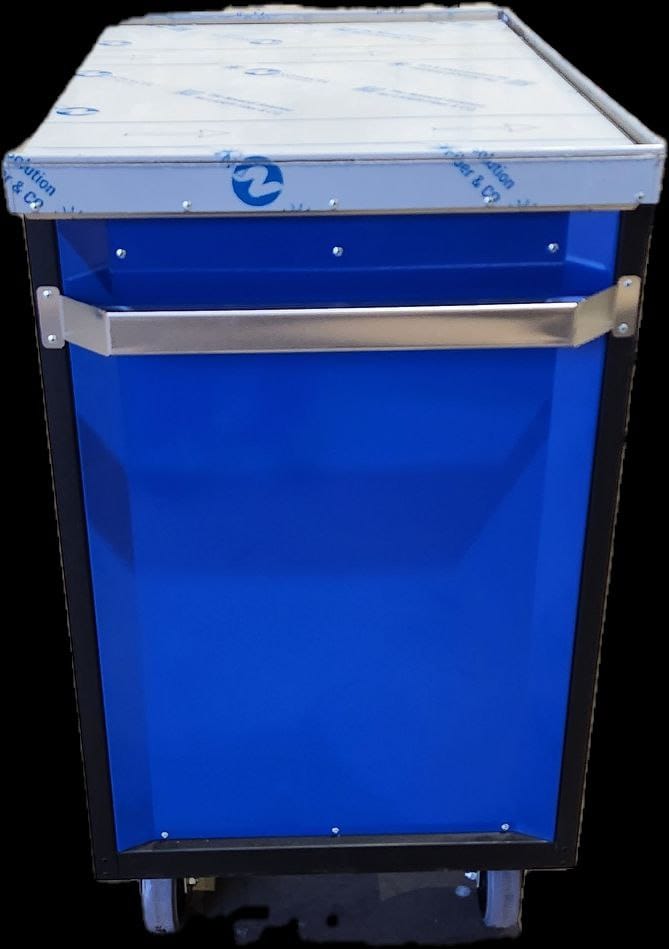 a blue steel drawer with wheel