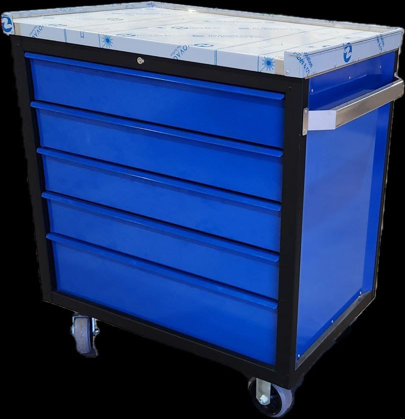 a blue kitchen drawer with wheel