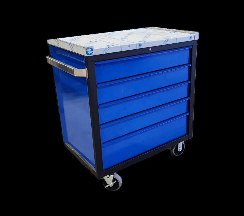 a blue drawer with wheel