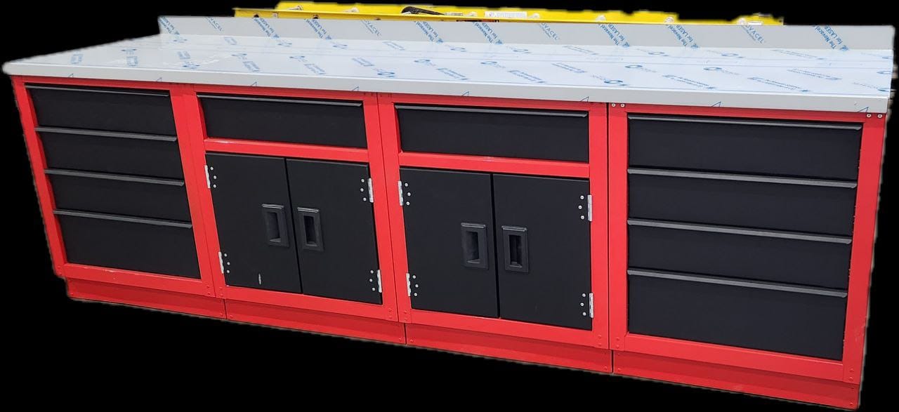 black kitchen cabinet with red strip