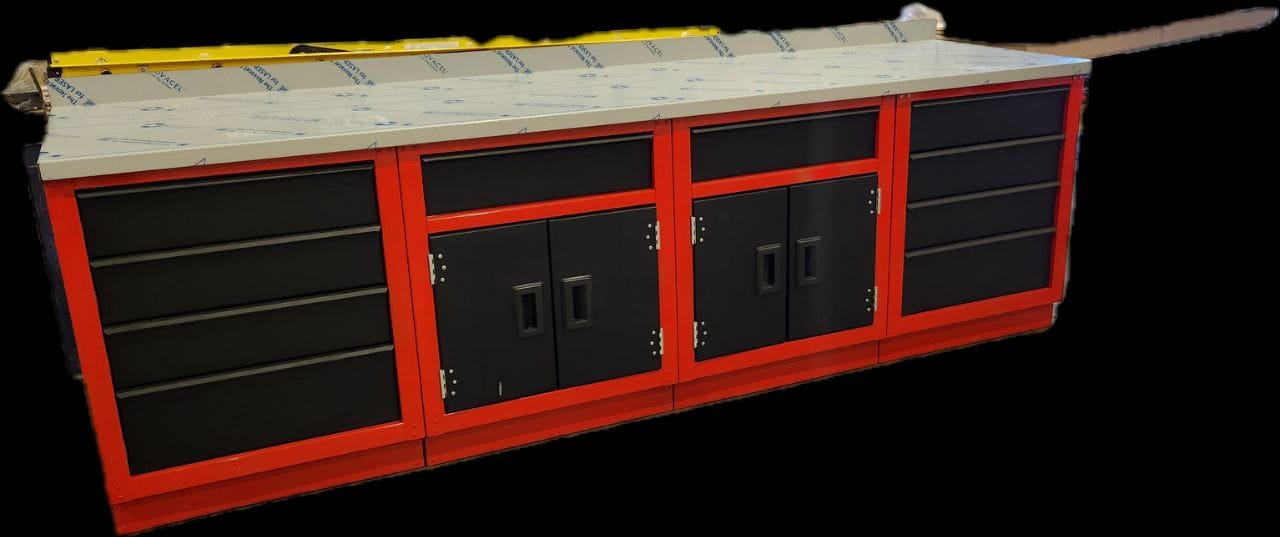 black kitchen storage cabinet with red strip