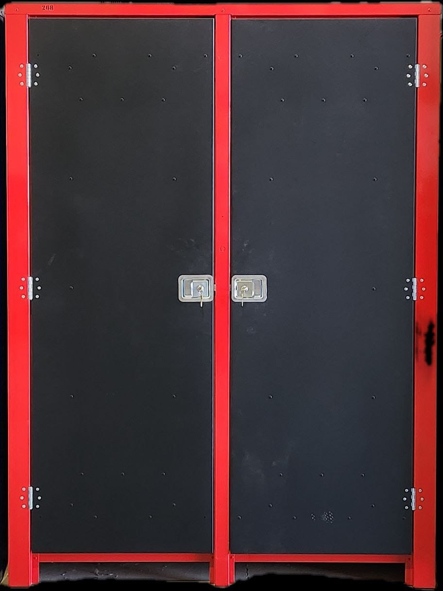 tall black storage cabinet with red strip