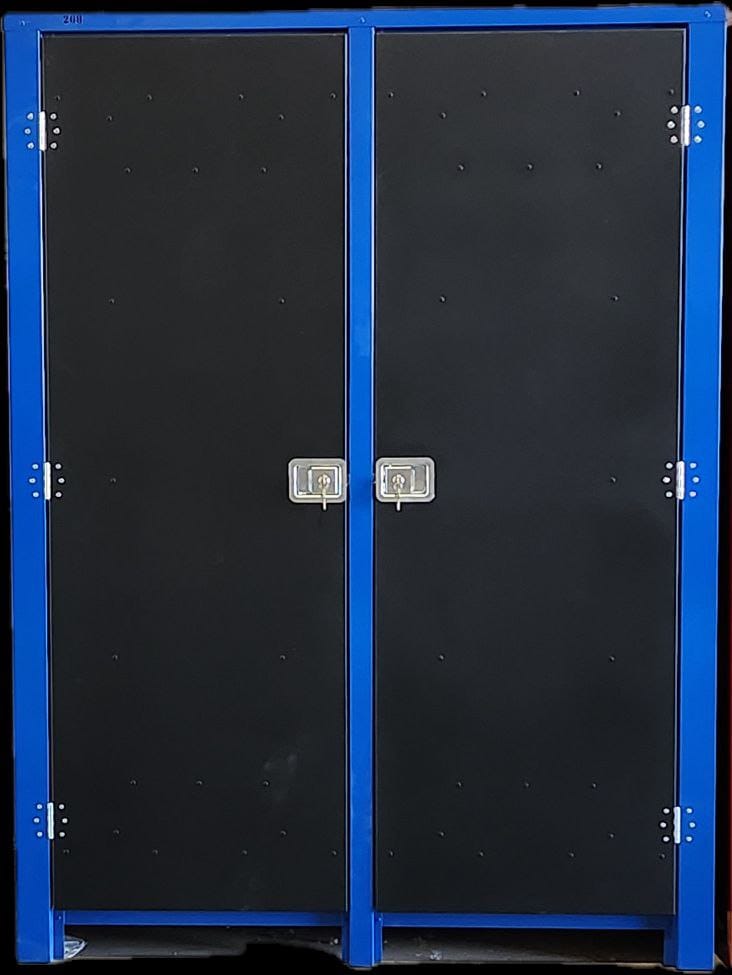 tall black storage cabinet with blue strip