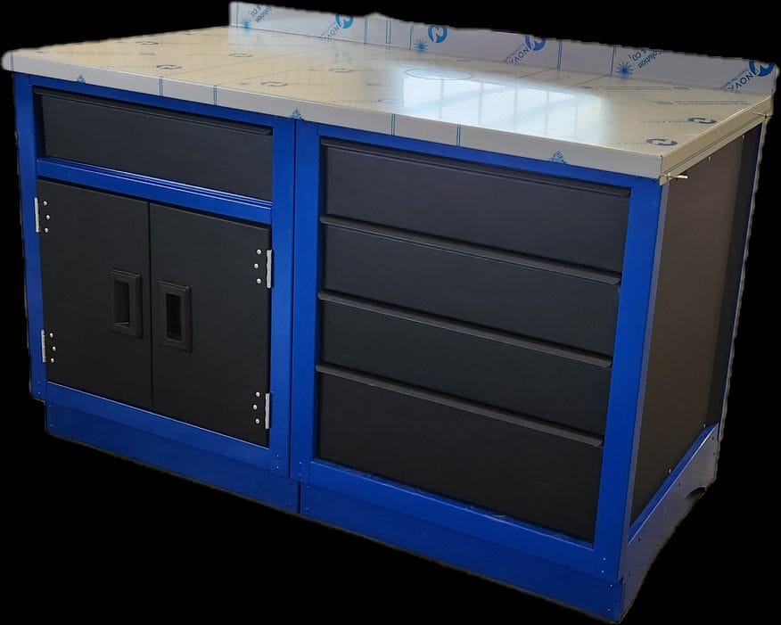 black kitchen cabinet with blue strip